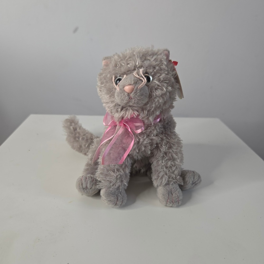 Ty Beanie Babies Fluff Grey Cat Plush Shaggy Kitten Pink Bow 2005 Retired 6 inch